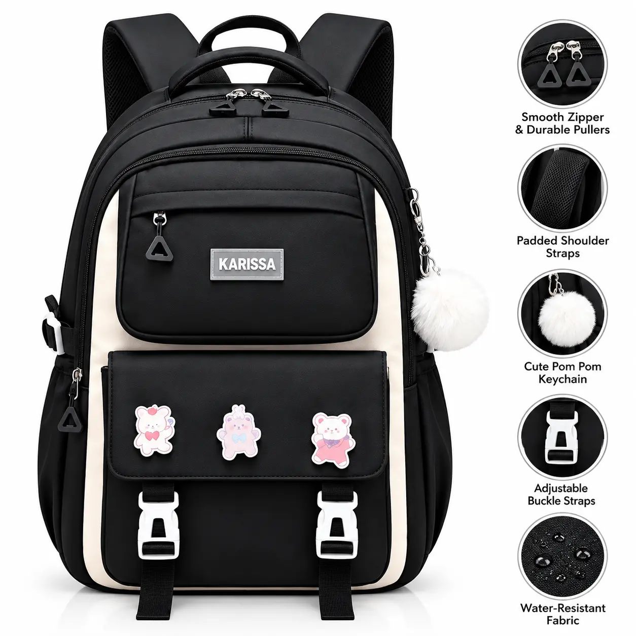 Cute Black & Cream School Backpack for Girls with Pom Pom Keychain & Front Buckle Pockets