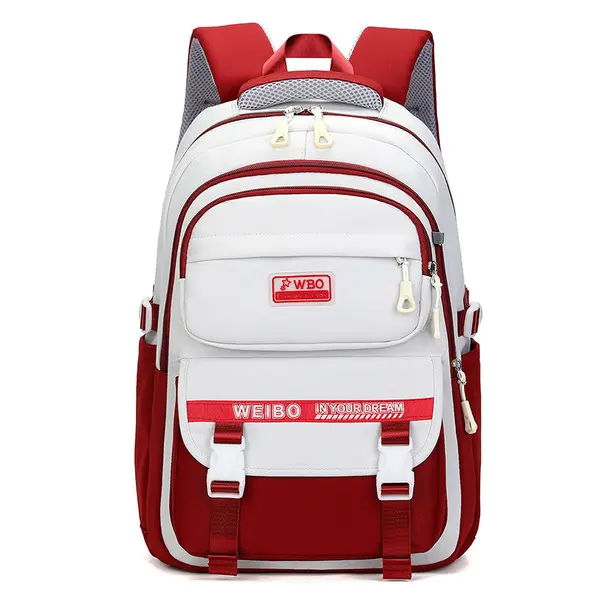 Red and White School Backpack with Multiple Pockets & Adjustable Straps