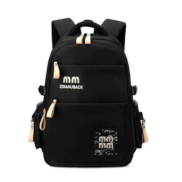 Black School Backpack with Multiple Pockets & Beige Zipper Accents