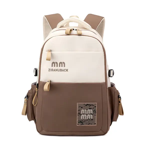 Brown and Cream School Backpack with Multiple Pockets & Adjustable Straps