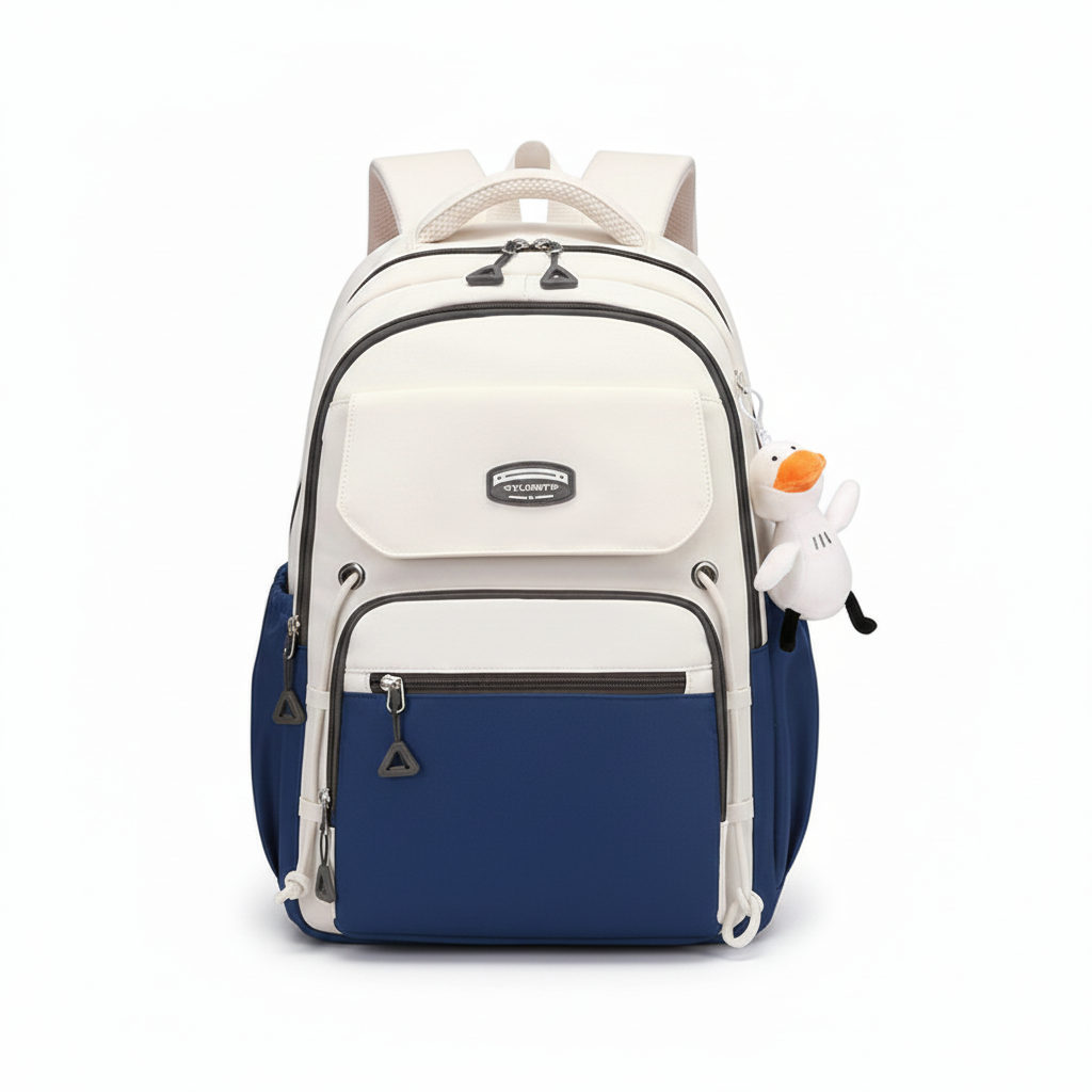 White & Navy Blue School Backpack for Kids with Cute Rabbit Keychain