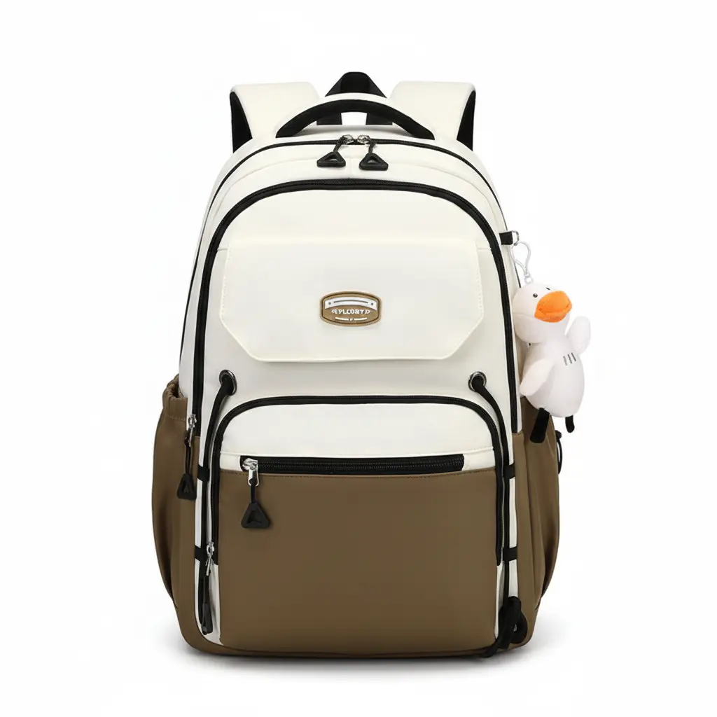 Brown and Cream School Backpack with Cute Duck Keychain & Multiple Pockets