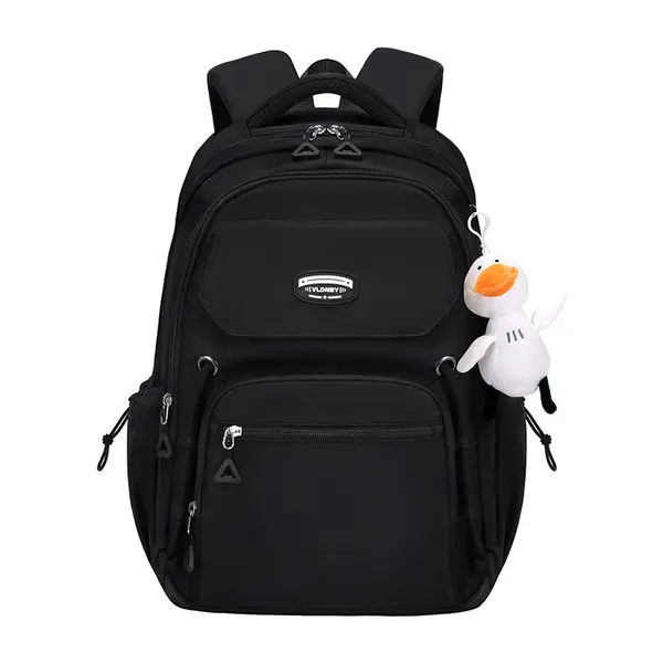 Black School Backpack with Cute Duck Keychain & Multiple Pockets