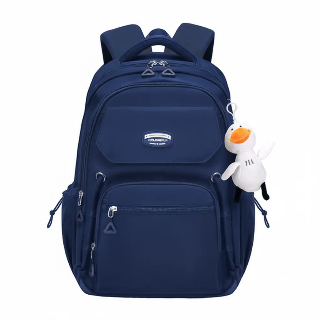 Navy Blue School Backpack with Cute Duck Keychain & Multiple Pockets