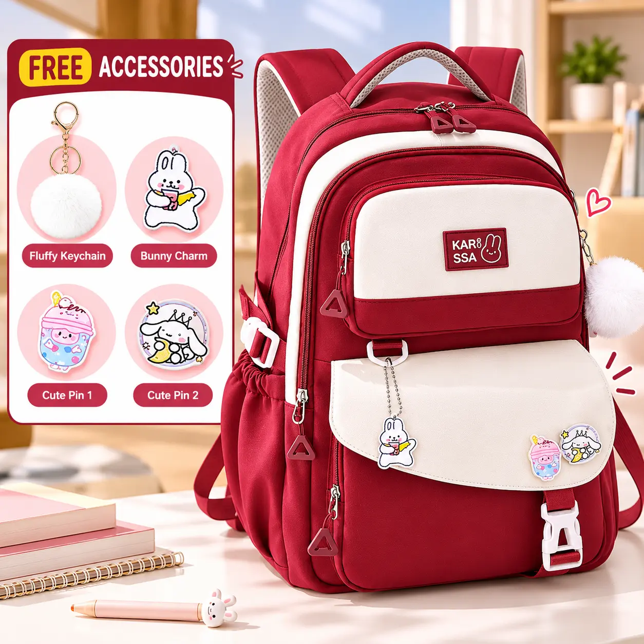 Burgundy and Cream School Backpack with Cute Bunny Charms & Accessories
