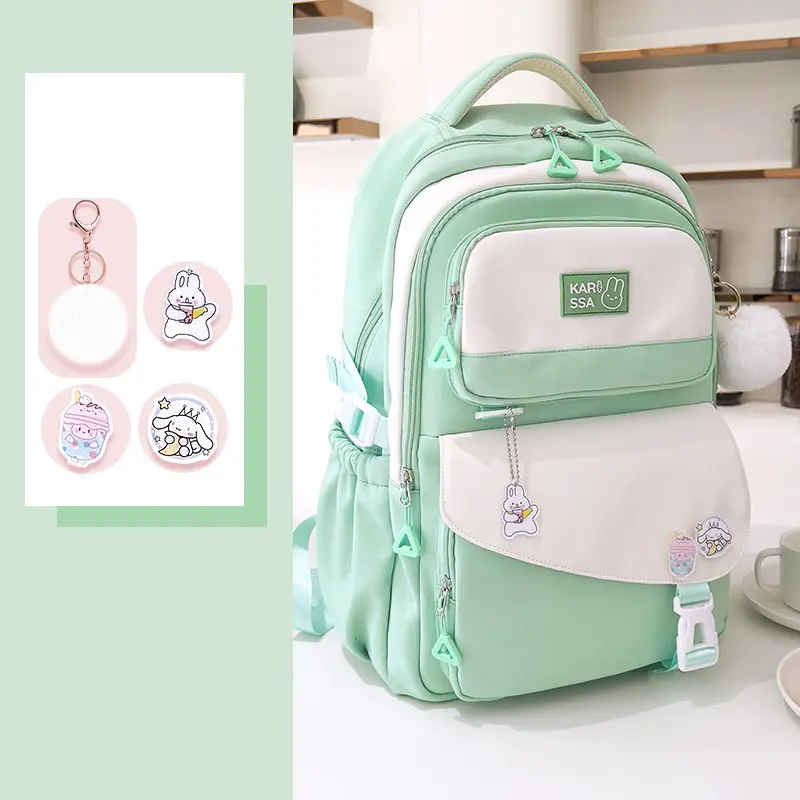 Mint Green and White School Backpack with Cute Bunny Charms & Accessories