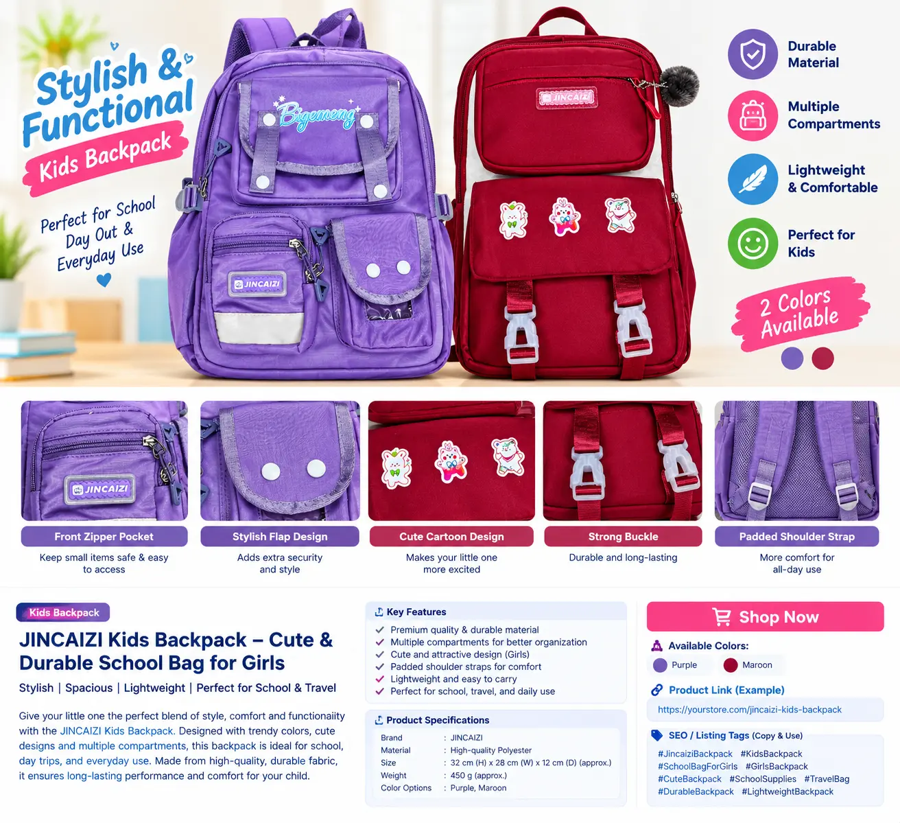 JINCAIZI Kids School Backpack for Girls | Purple & Maroon
